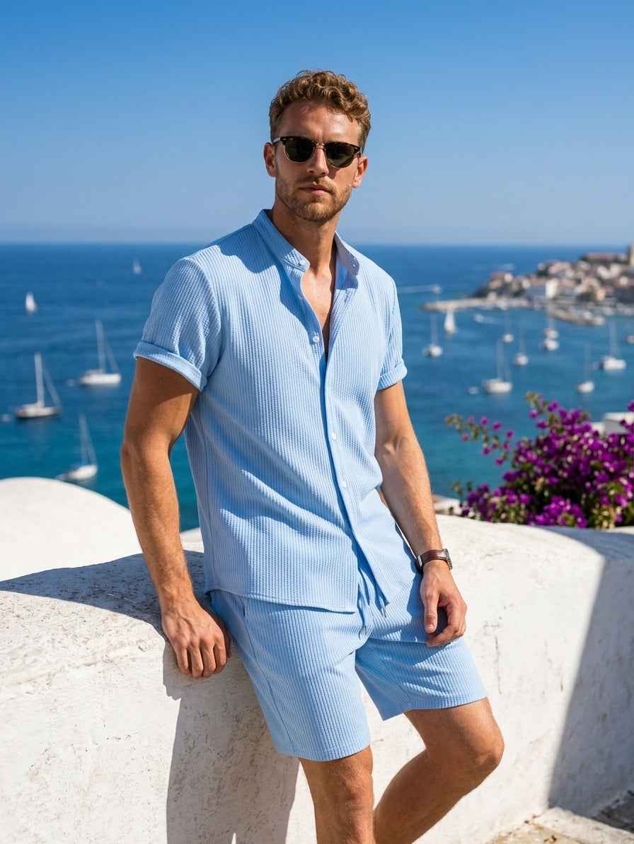 Muscle Fit Ribbed Stand Collar Shirt & Shorts