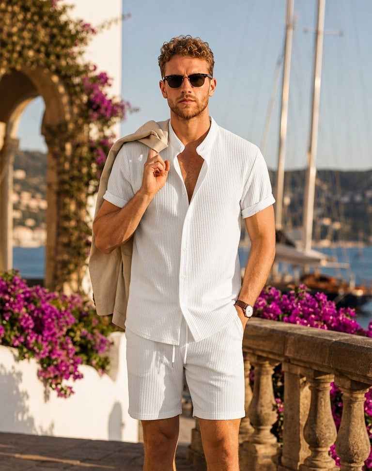 Muscle Fit Ribbed Stand Collar Shirt & Shorts
